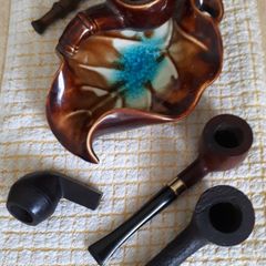Three pipes with tamper, pipe holder and ashtray