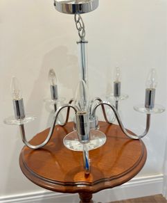 Modern 5 Arm Chrome and Glass Chandelier