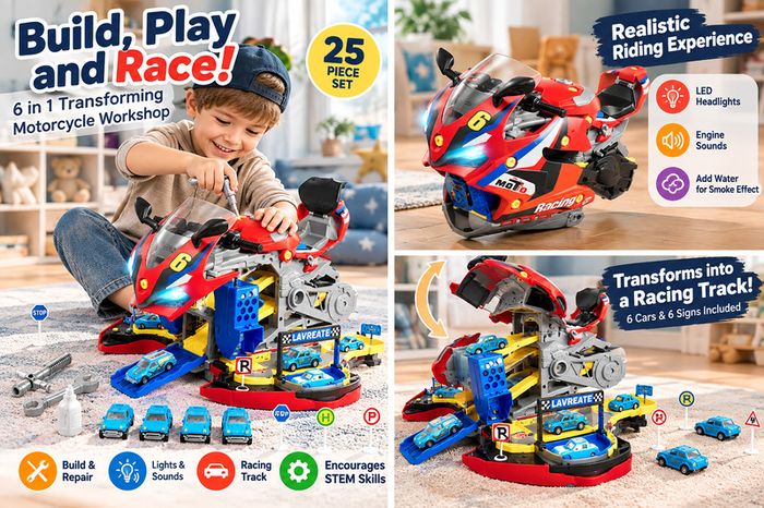 Kids Motorcycle Engine Mechanic Workshop Toy 25 Piece STEM Repair & Racing Set