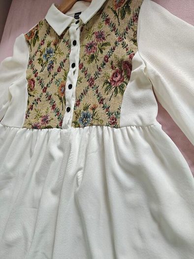 Floral long sleeve blouse for women, elegant bottoned neck, casual wear, white,