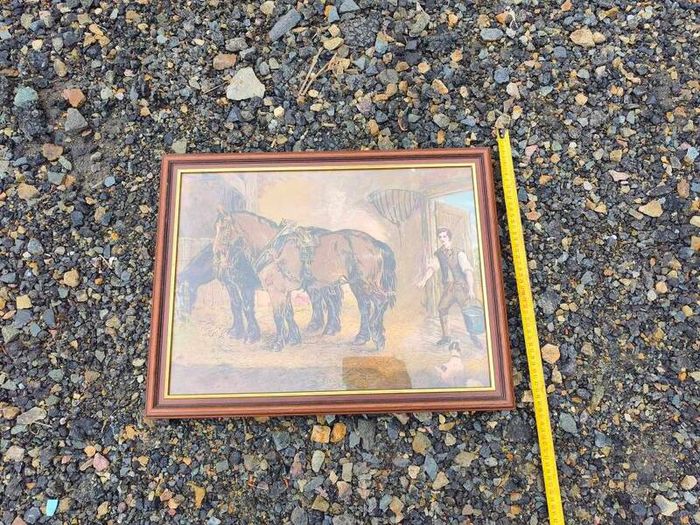 Framed Vintage Painting  Draft Horses in a Stable