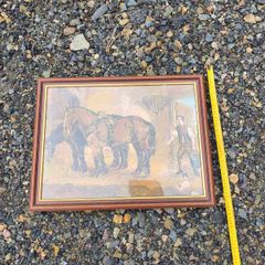 Framed Vintage Painting  Draft Horses in a Stable