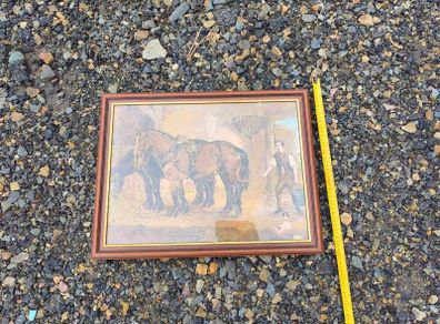 Framed Vintage Painting  Draft Horses in a Stable