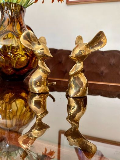 Two Vintage Stylised Big Eared Brass Mouse Figurines Brass Mice Ornaments 1970s