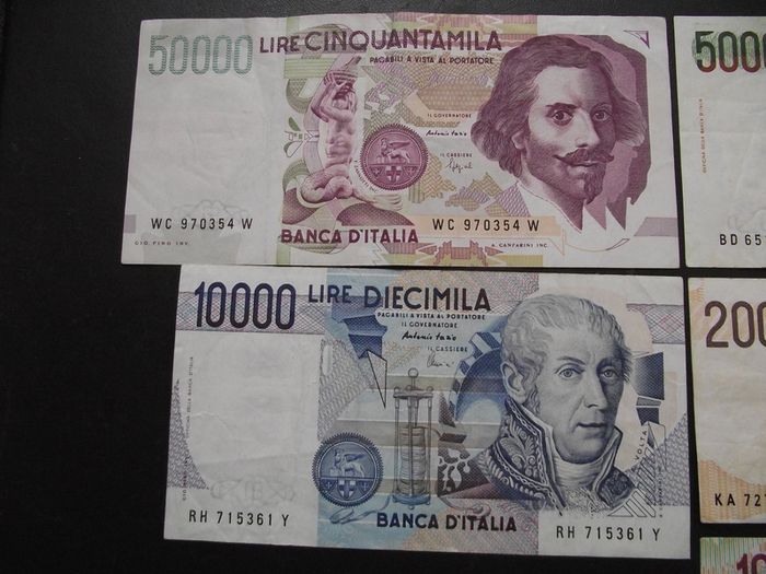 Italy: 5 Notes: 50000l+10000l+5000l+2000l+1000l (1984-1992) Nice Condition!