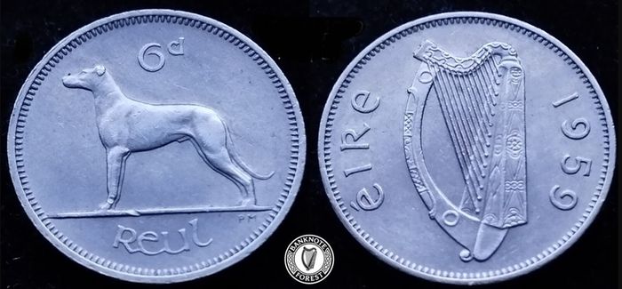 [#791] - Ireland 1959 | 6 Pence | Irish 6d | Wolfhound | KM.13a