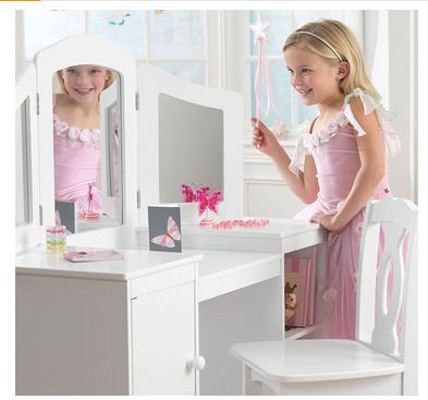 Wooden Vanity and Chair with Mirror and Storage Kids Children's Playroom/Bedroom Furniture