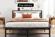 5ft King Metal Platform Bed Frame with Wooden Storage Shelf