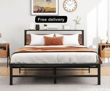 5ft King Metal Platform Bed Frame with Wooden Storage Shelf