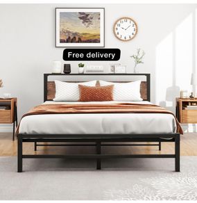 5ft King Metal Platform Bed Frame with Wooden Storage Shelf
