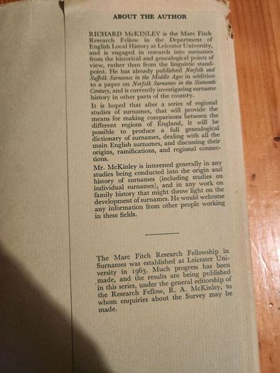 The Surnames Of Oxfordshire. By Richard Mckinley. With A Forward  By Dr Marc Fitch. First Edition Hardback With Dustjacket In Good Condition.  38