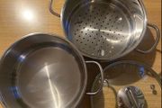 Steamer Cookware Set with Glass Lid Handles Stainless Steel Pan Kitchen Home Cook Chef Healthy Veg Cooking Housewarming induction ceramic gas electric perfect condition