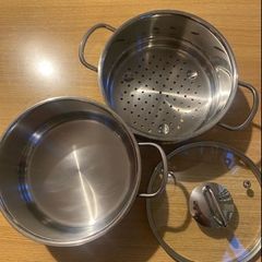 Steamer Cookware Set with Glass Lid Handles Stainless Steel Pan Kitchen Home Cook Chef Healthy Veg Cooking Housewarming induction ceramic gas electric perfect condition