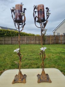 Vintage Bronze and Porcelain Floor Candleholders