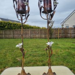 Vintage Bronze and Porcelain Floor Candleholders