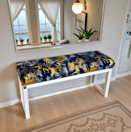 Wooden Bench Navy Tropical Velvet with White Painted Frame