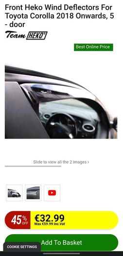 Front Heko Wind Deflectors For Toyota Corolla 2018 Onwards, 5 - door