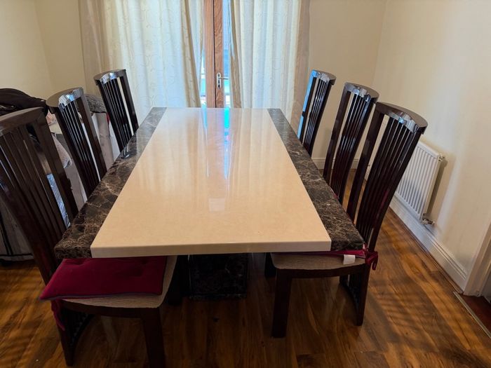 Marble Dining Table + 6 High-Back Chairs