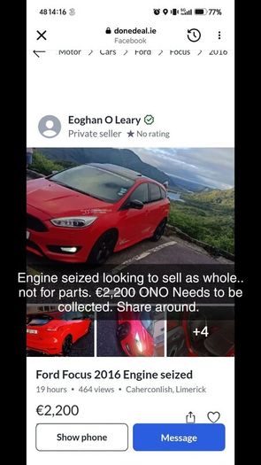 Engine seized..Ford Focus 2016 red edition
