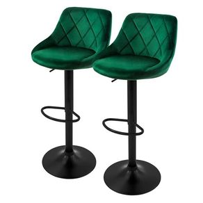 Set of 2 Adjustable Velvet Bar Stools Green with Backrest and Footrest