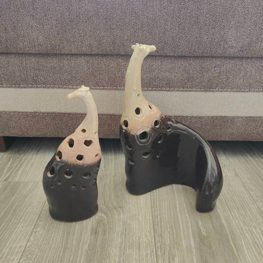 Vintage Pier One Ceramic Cut-Out Giraffes Figurine Brown Glazed
