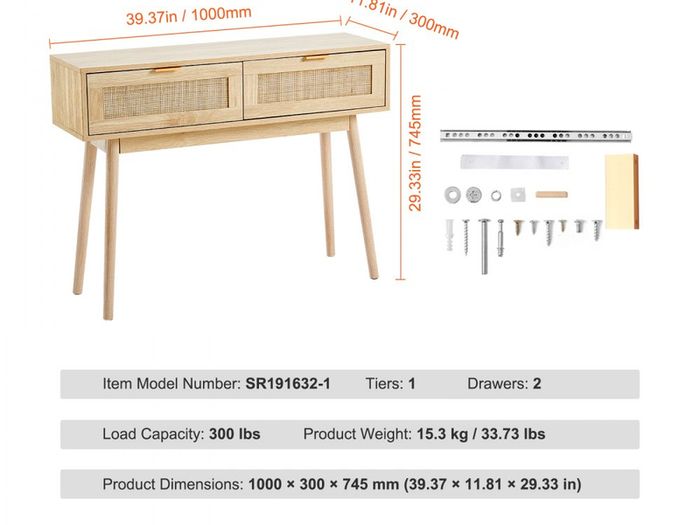 Rattan Console Table with 2 Storage Drawers Rattan Sliding Door Natural