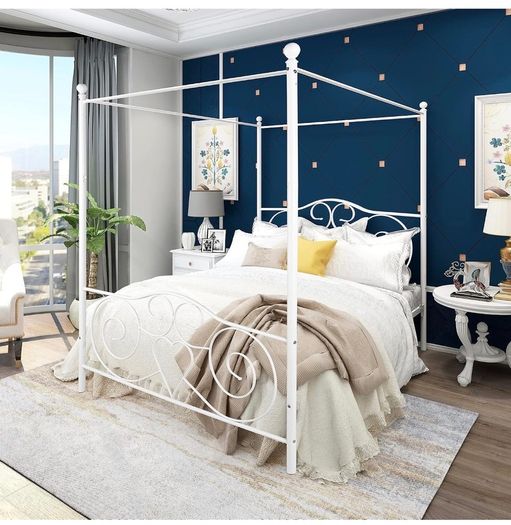 Double Canopy Bed Frame with Vintage Headboard & Footboard, White 135x190cm Double Canopy Bed Frame, 4ft6 Heavy Duty Metal Bed, Heart Scroll Headboard & Footboard, Steel Slats for Bedrooms