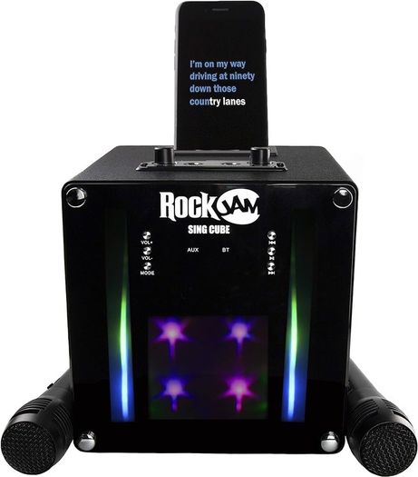 FREE EXPRESS SHIPPING Singcube 5-Watt Rechargeable Bluetooth Karaoke Machine with Two Microphones, Voice Changing Effects & LED Lights, Black