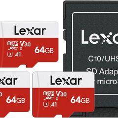 Lexar 64GB 3 Pack Micro SD Card E Series, microSDXC UHS-I Flash Memory Card with Adapter - Up to 100MB/s, A1, U3, Class10, V30, High Speed TF Card (3 microSD Cards + 1 Adapter)