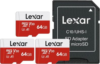 Lexar 64GB 3 Pack Micro SD Card E Series, microSDXC UHS-I Flash Memory Card with Adapter - Up to 100MB/s, A1, U3, Class10, V30, High Speed TF Card (3 microSD Cards + 1 Adapter)