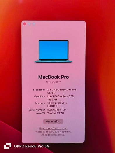 Touch Bar MacBook Pro 15" 2017 A1707 2.8 GHz Core i7 16GB RAM 512GB SSD macOS Vetura 13.7.8 (Battery Cycle: 189)