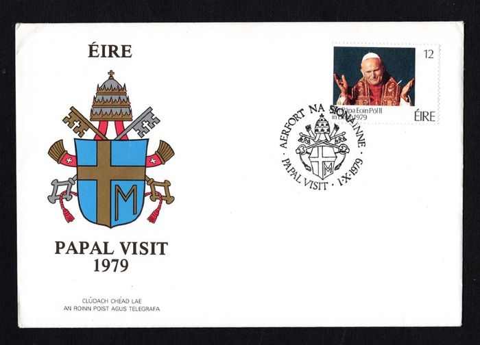 1979 Ireland Papal Visit of Ireland Commemorative Stamp P&T Addressed First Day Cover (FDC) with Shannon Airport (Aerport Na Sionnainne) Pictorial Cancel.