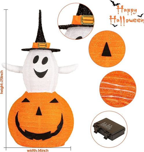 Halloween Pumpkin decorations Light, Foldable Ghost Pumpkin Halloween Decorations Outdoor with 8 Light Modes, Battery Operated Jack O Lantern for Yard Holiday Party Decor