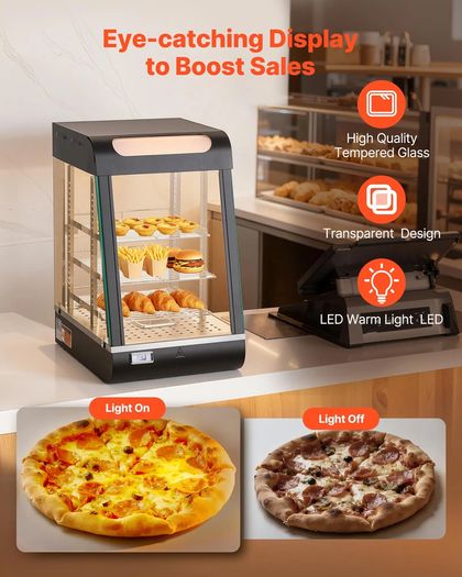 3 Tier Commercial Food Warmer Display, 800W Food Display Warmer with LED Light, Top Storage and Adjustable Shelves