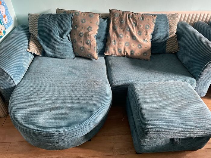 Blue 2 seater couch , single couch and footstool