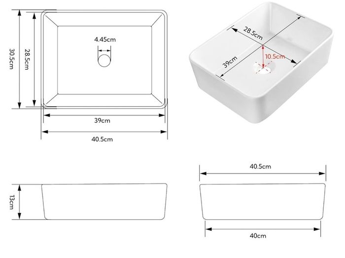 White Rectangular Countertop Sink 40.5x30.5x13cm Countertop Basin, Smooth Glazed Surface, Cloakroom & Toilet Use, Easy Clean, Modern Bathroom Design