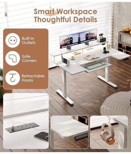 U-Shaped Electric Standing Desk with LED Lights & USB Ports