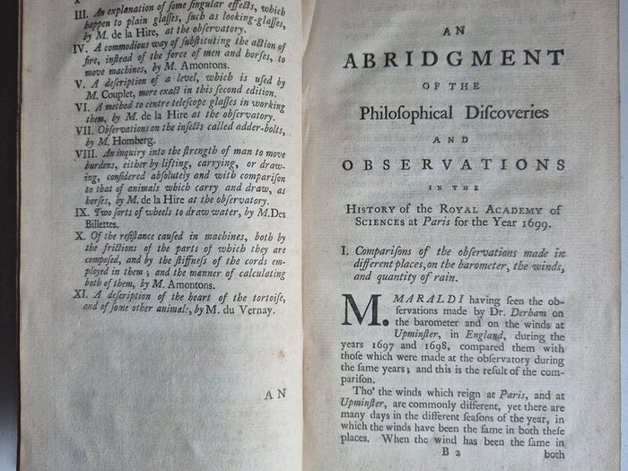 1742. The Philosophical History and Memoirs of the Royal Academy of Sciences at Paris. 1st Edition.  London, First Edition, Octavo, 8vo, Antiquarian, Rare Book, Scientific, Natural Philosophy, French Science, Translation, Abridgment, Copper-Plates.