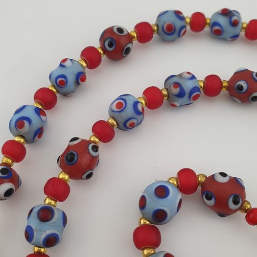 Antique Venetian Style Blue Skunk Eyes & Red Venetian WhiteHeart Glass Beads Necklace