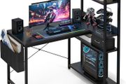 100x80 cm L Shaped Gaming Desk with Reversible Storage Shelves Computer Home Office Corner Study Writing Table Hutch Black