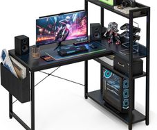 100x80 cm L Shaped Gaming Desk with Reversible Storage Shelves Computer Home Office Corner Study Writing Table Hutch Black