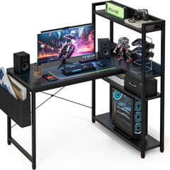 100x80 cm L Shaped Gaming Desk with Reversible Storage Shelves Computer Home Office Corner Study Writing Table Hutch Black