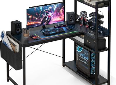 100x80 cm L Shaped Gaming Desk with Reversible Storage Shelves Computer Home Office Corner Study Writing Table Hutch Black