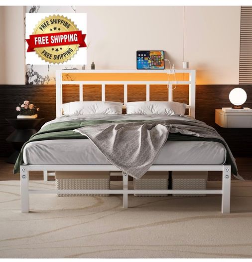 Double Bed Frame with Storage Headboard,4ft6 Bed Frame Double Bed Base with Charging Station and LED Lights,Metal Platform Double Bed 135x190,Mattress Base No Box Spring Needed,No Noise,White