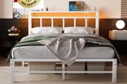 Double Bed Frame with Storage Headboard,4ft6 Bed Frame Double Bed Base with Charging Station and LED Lights,Metal Platform Double Bed 135x190,Mattress Base No Box Spring Needed,No Noise,White