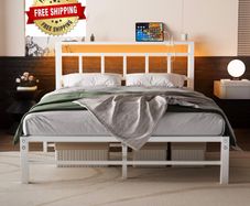 Double Bed Frame with Storage Headboard,4ft6 Bed Frame Double Bed Base with Charging Station and LED Lights,Metal Platform Double Bed 135x190,Mattress Base No Box Spring Needed,No Noise,White