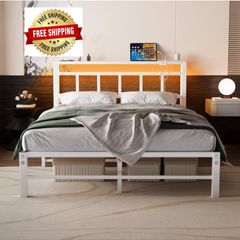 Double Bed Frame with Storage Headboard,4ft6 Bed Frame Double Bed Base with Charging Station and LED Lights,Metal Platform Double Bed 135x190,Mattress Base No Box Spring Needed,No Noise,White