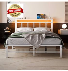 Double Bed Frame with Storage Headboard,4ft6 Bed Frame Double Bed Base with Charging Station and LED Lights,Metal Platform Double Bed 135x190,Mattress Base No Box Spring Needed,No Noise,White
