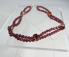 Double Strand Faceted Garnet Bead Bracelet, 925 Silver Clasp, 7in/18cm