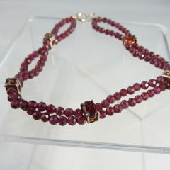 Double Strand Faceted Garnet Bead Bracelet, 925 Silver Clasp, 7in/18cm